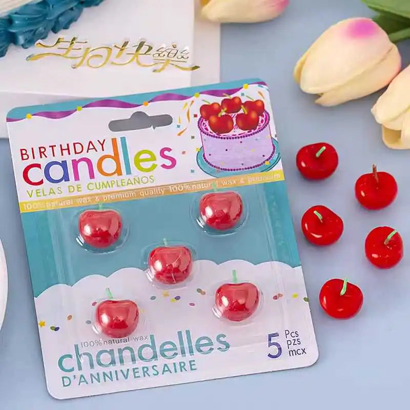 5pcs Sweet Cherry Birthday Candles – Vibrant Red Wax Decorative Cake Toppers for Weddings, Birthdays, and DIY Party Supplies