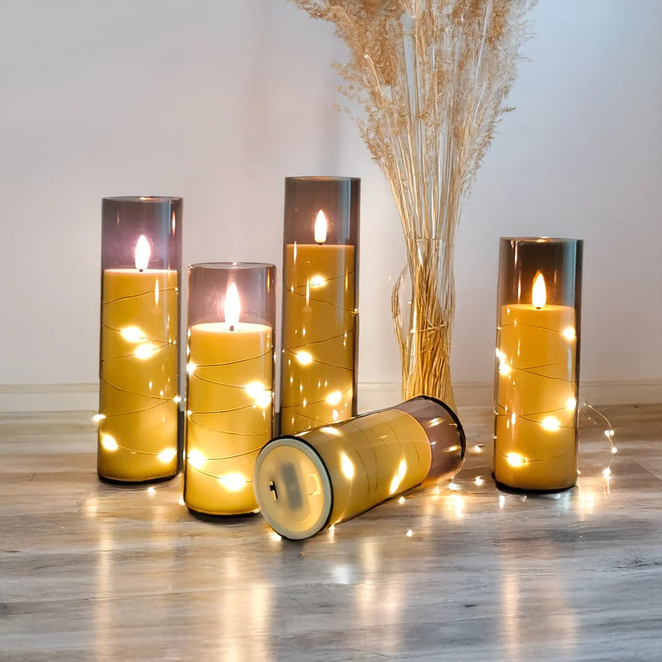 Electronic Flameless LED Candles with String Light – 5PCS Set for Home Decor, Holiday Party Decoration, Wedding Candles, and Atmosphere Lamp