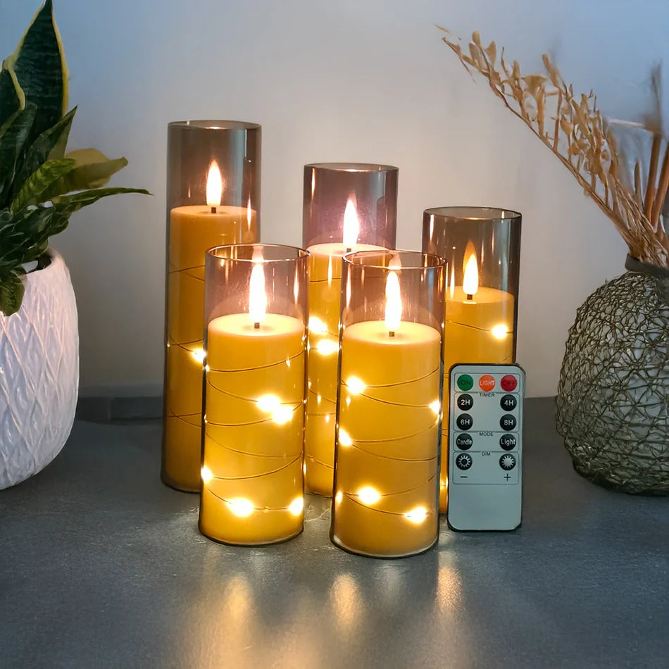 Electronic Flameless LED Candles with String Light – 5PCS Set for Home Decor, Holiday Party Decoration, Wedding Candles, and Atmosphere Lamp