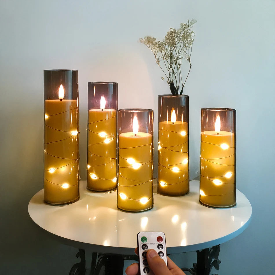 Electronic Flameless LED Candles with String Light – 5PCS Set for Home Decor, Holiday Party Decoration, Wedding Candles, and Atmosphere Lamp
