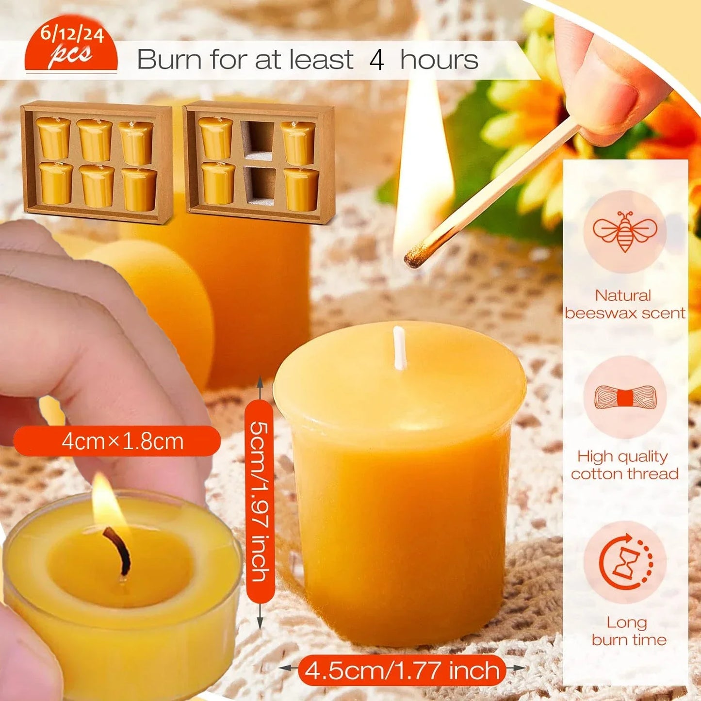 12 - 48PCS Natural Beeswax Tea Candles – Smokeless Eco-Friendly Tealight Votive Candles for Home Atmosphere, Spa, and Decor