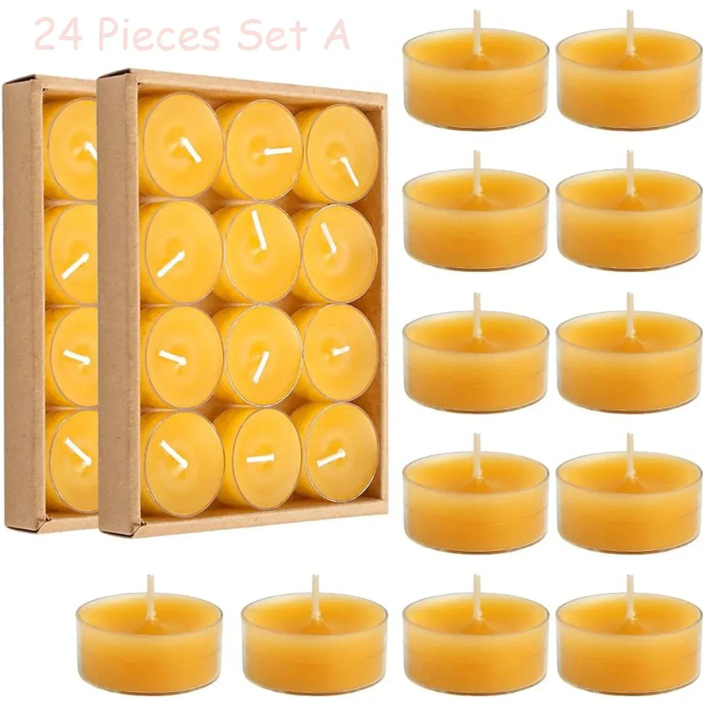 12 - 48PCS Natural Beeswax Tea Candles – Smokeless Eco-Friendly Tealight Votive Candles for Home Atmosphere, Spa, and Decor