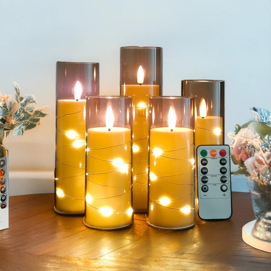 Electronic Flameless LED Candles with String Light – 5PCS Set for Home Decor, Holiday Party Decoration, Wedding Candles, and Atmosphere Lamp