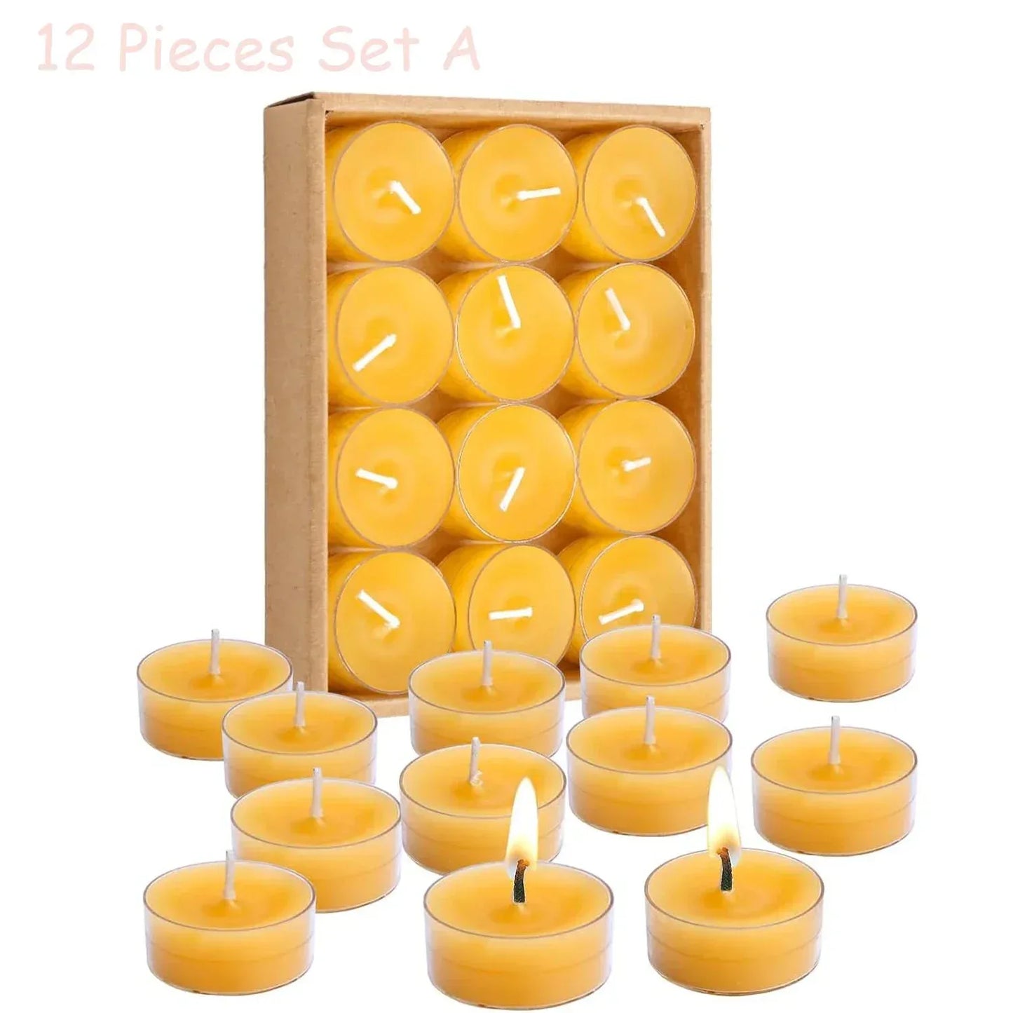 12 - 48PCS Natural Beeswax Tea Candles – Smokeless Eco-Friendly Tealight Votive Candles for Home Atmosphere, Spa, and Decor