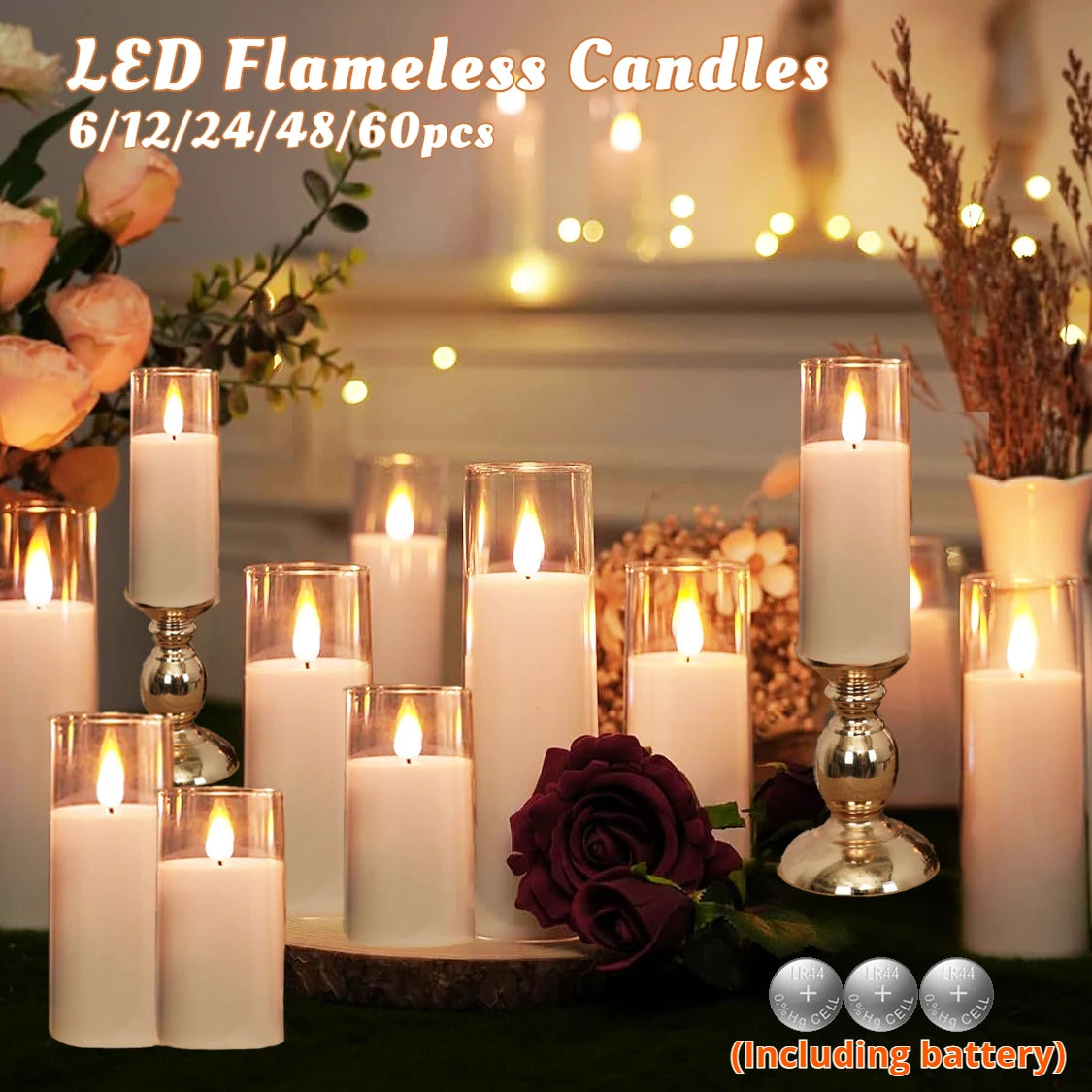 6-60PCS Acrylic Glass LED Candles with Batteries – Flameless Flickering Pillar Candles for Home, Wedding, Party, and Outdoor Decor