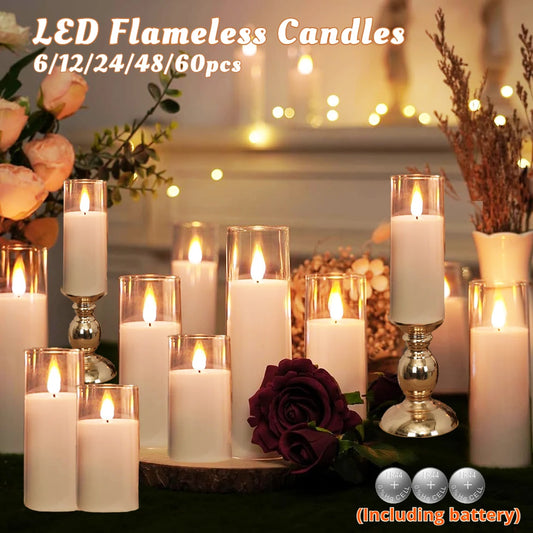 6-60PCS Acrylic Glass LED Candles with Batteries – Flameless Flickering Pillar Candles for Home, Wedding, Party, and Outdoor Decor