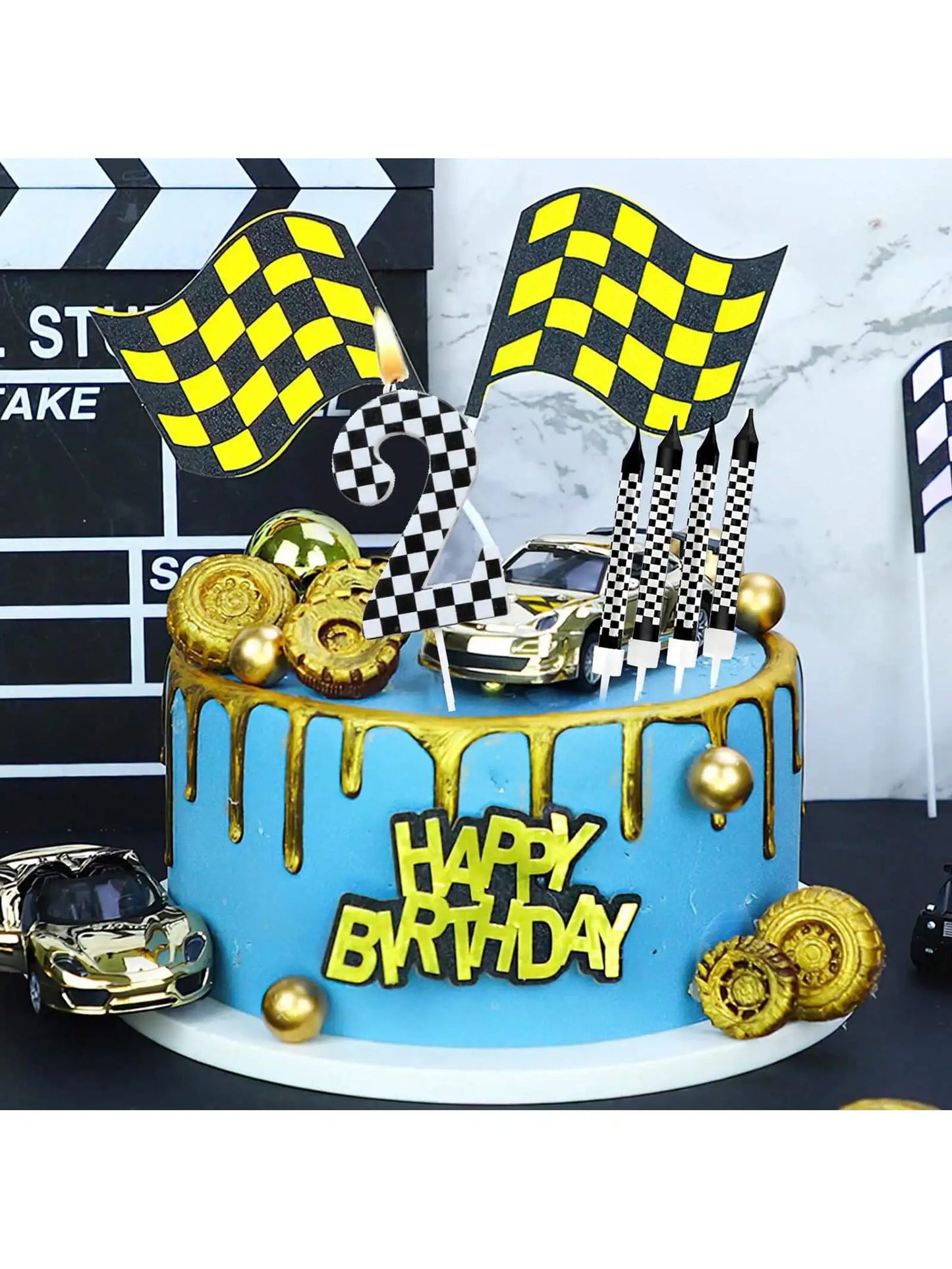 7PCS Birthday Candles Set – Cake Numeral Candles with Racing Cars Theme for Checkered Decoration