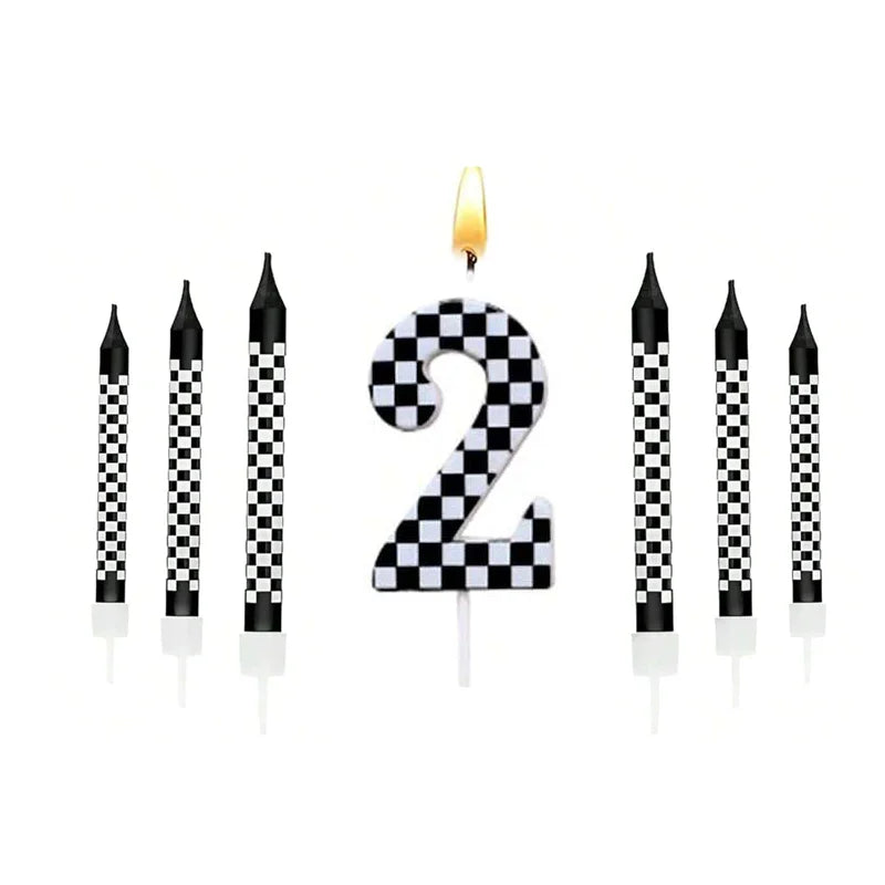 7PCS Birthday Candles Set – Cake Numeral Candles with Racing Cars Theme for Checkered Decoration